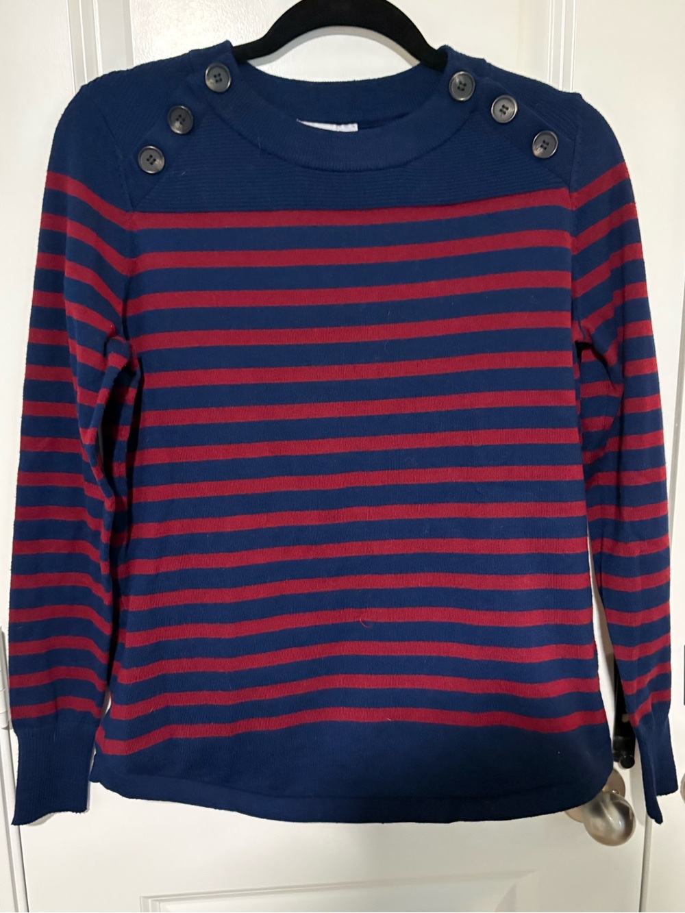Liz Claiborne Navy Red Striped Button Shoulder Sweater Size Medium